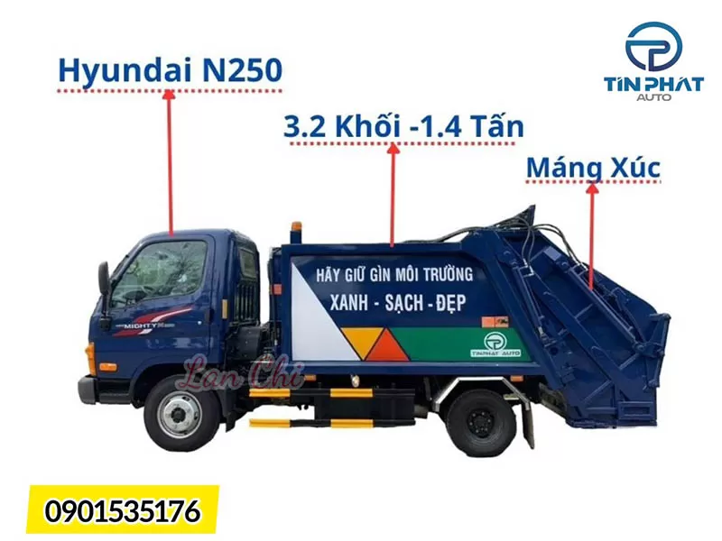 Xe ép rác 3 khối Hyundai N250, màu xanh, báo giá xưởng