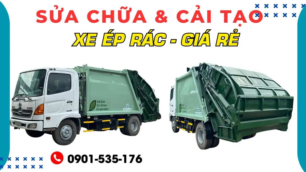 sửa chữa và cải tạo xe ép rác giá rẻ, tại xưởng xe hino 9 khối cabin màu trắng thùng màu xanh