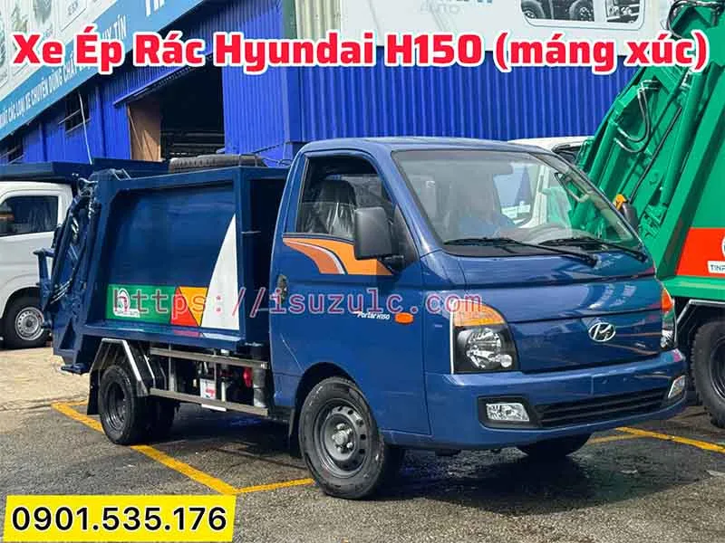 Xe Ép Rác Hyundai H150 2,5 Khối - 900 Kg 24 đánh giá xe ép rác Hyundai H150, 900kg màu xanh, sẵn giao tại xưởng