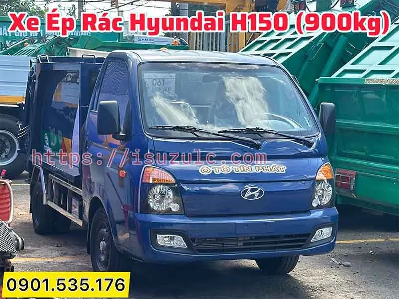 Xe Ép Rác Hyundai H150 2,5 Khối - 900 Kg 28 Toàn cảnh xe ép rác Hyundai góc chéo phía trước, làm nổi bật cabin và thùng xe.