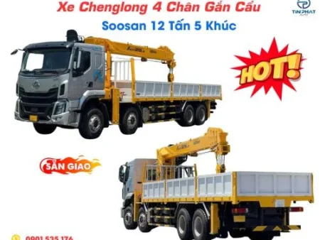 Xe Chenglong 4 Chân Gắn Cẩu Soosan SCS1215 cabin xám, cẩu màu vàng, sẵn giao, giá xưởng