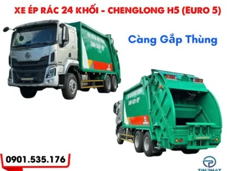 xe ép rác 24 khối chenglong h5 nâng kẹp, cabin màu xám thùng màu xanh sẵn giao