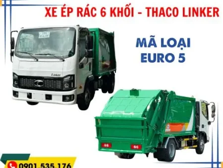 xe ép rác 6 khối thaco linler, cabin trắng thùng xanh, kiểu máng xúc, mới nhất euro 5