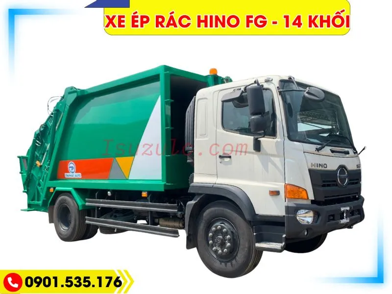 Xe Ép Rác 14 Khối Hino FG (Euro 5) 55 Xe ép rác Hino FG - 14 Khối, cabin màu trắng thùng màu xanh, giá tốt nhất miền nam