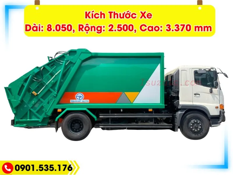 Xe Ép Rác 14 Khối Hino FG (Euro 5) 46 Xe ép rác Hino 14 Khối Euro 5, Kích thước tổng thể dài 8m050, rộng 2m5, dài 3,370. Bảo hành chính hãng