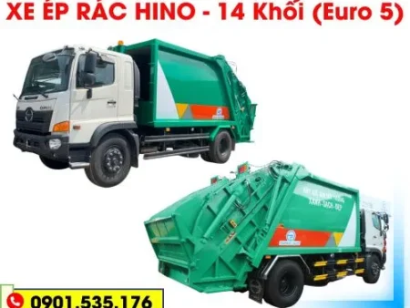 Xe ép rác Hino 14 khối mới nhất 2025, euro 5, cabin trắng thùng màu xanh, giá tốt tại xưởng
