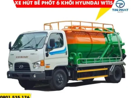 Xe bồn hút bể phốt hyundai 6 khối cabin màu trắng, bồn xanh lá và cam. xe sẵn giao