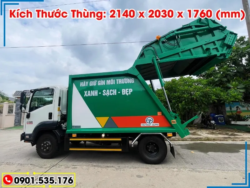 Xe Ép Rác 9 Khối Isuzu FRR (Máng Xúc) 31 Kích thước thùng màu xanh lá Xe ép rác 9 khối Isuzu là dài 2m1, rộng 1m, cao 1m7