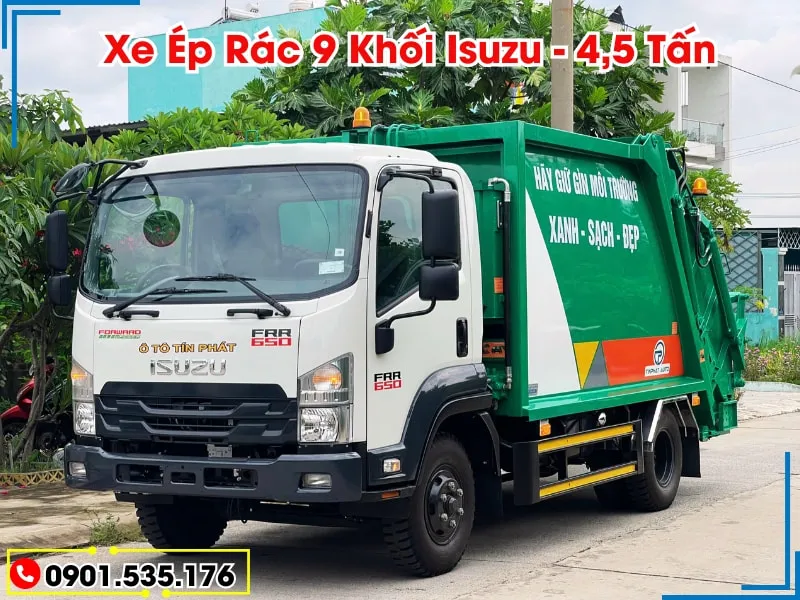Xe Ép Rác 9 Khối Isuzu FRR (Máng Xúc) 35 Xe ép rác 9 khối Isuzu FRR90HE5, cabin màu trắng sơn thùng màu xanh có trang trí chữ đầy đủ, chuyên nghiệp