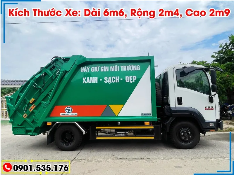 Xe Ép Rác 9 Khối Isuzu FRR (Máng Xúc) 25 Xe ép rác 9 khối Isuzu FRR có kích thước tổng thể dài 6m6, rộng 2m4 và cao 2m9