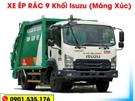 Xe ép rác 9 khối Isuzu FRR cabin màu trắng thùng màu xanh, sẵn xe giao tại xưởng